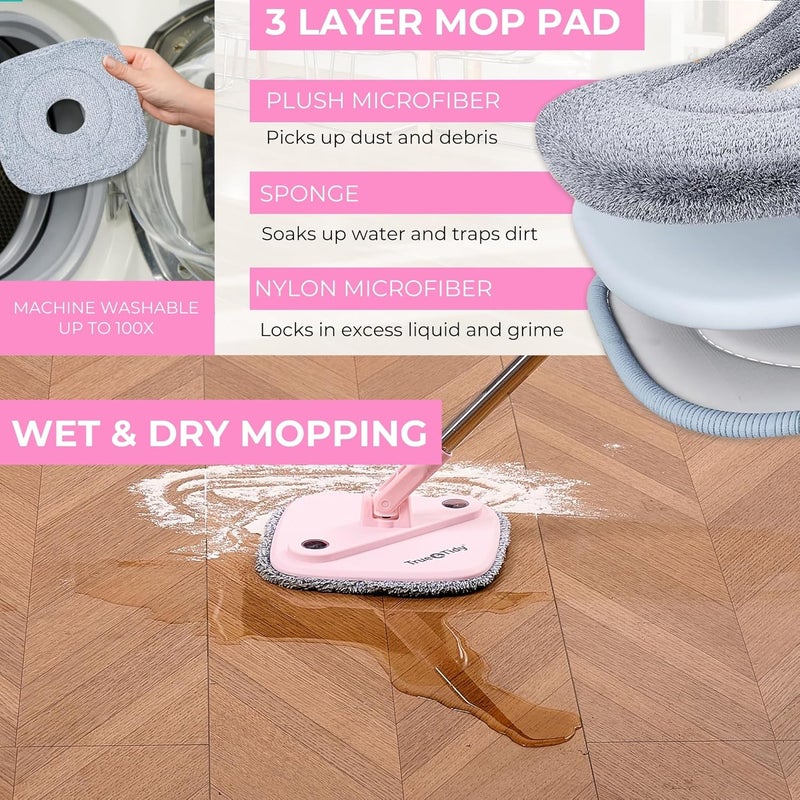 True & Tidy ممسحة دوارة مربعة ودلو ممسحة ذكية مع أقسام منفصلة للمياه النظيفة والوسخة، نسخة مطورة 2025 مع فرشاة جانبية ومقبض قائم بذاته، وردي - Image 3